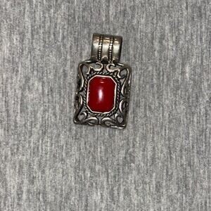Vintage Sterling Silver Mexico Red Coral Filigree Rectangle Pendant for Necklace